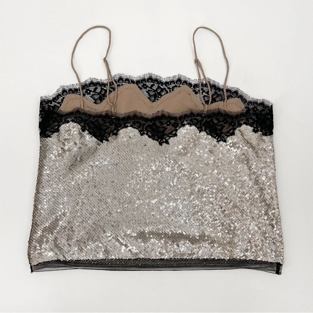 J. Crew Champagne Sequin Camisole with Black Lace Trim - Picture 5 of 12